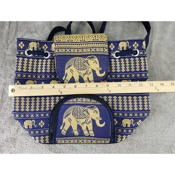 Thai Backpack Womens Blue Gold Indie Elephant Pattern Lightweight Drawstring